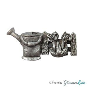 Vintage 90s Watering Can Floral Garden Pewter Brooch